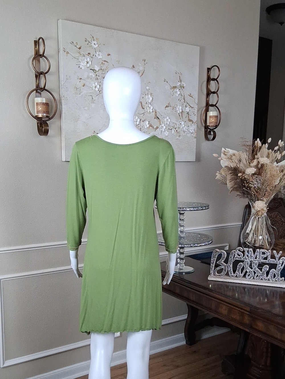 Women's Embellished Beaded Scoop Neck Tunic Summer Dress Olive Green Gold Medium - Picture 10 of 16